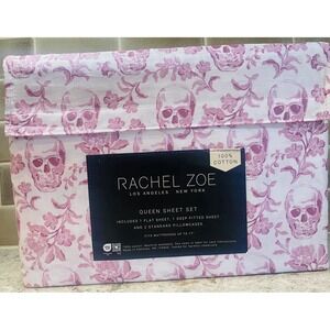 New Rachel Zoe Halloween Queen Sheet Set Skulls Spooky Pink 100% Cotton NEW Rare